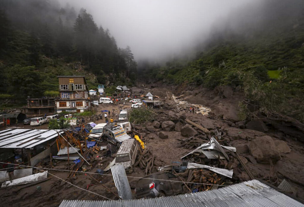 Kishtwar: Debris and wreckage of vehicles at an affected area following a cloudburst in Kishtwar district, Jammu and Kashmir, Friday, Aug. 15, 2025. At least 46 people were killed and over 100 suffered injuries in the incident, according to officials.